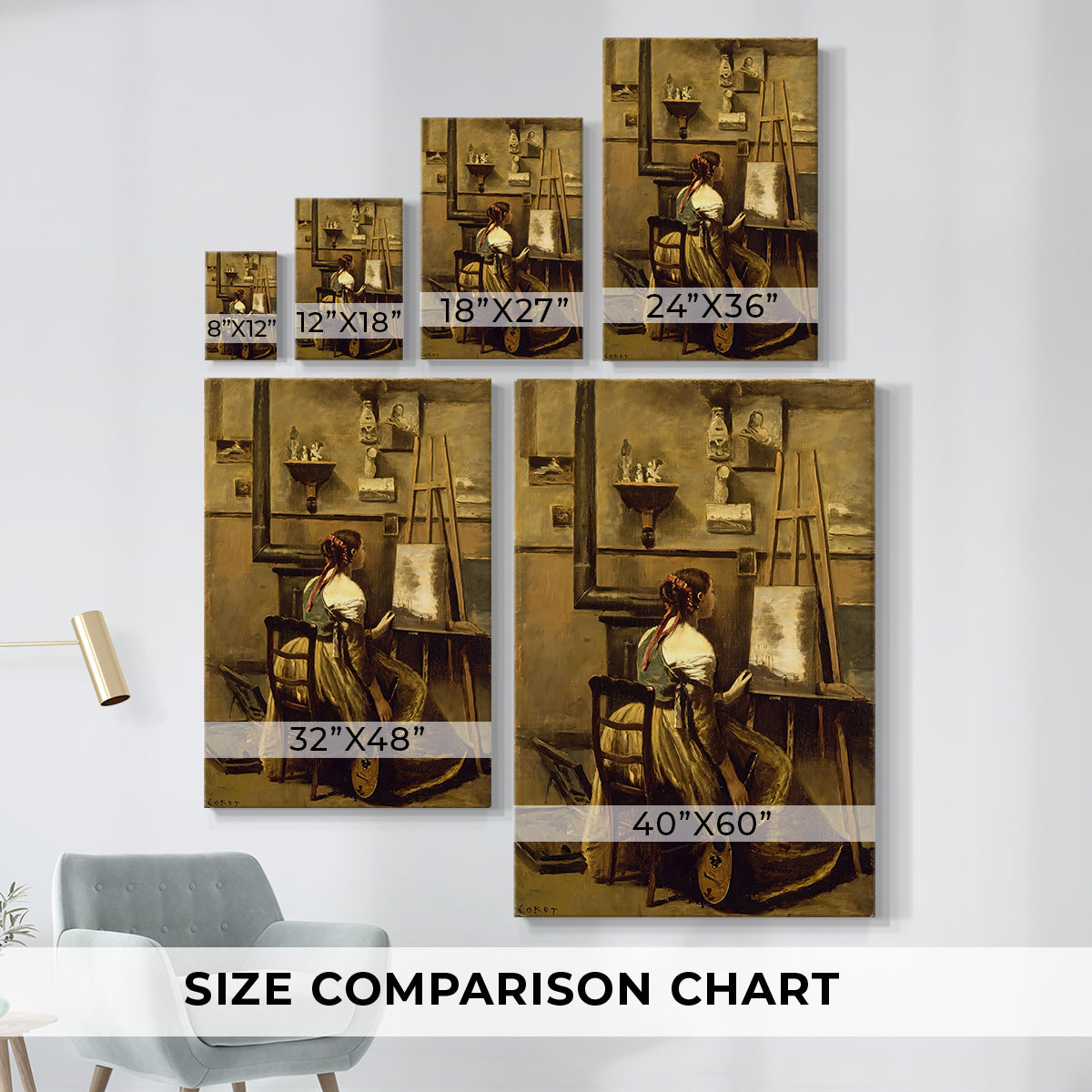 Size comparison chart for canvas art prints, showing multiple size options.