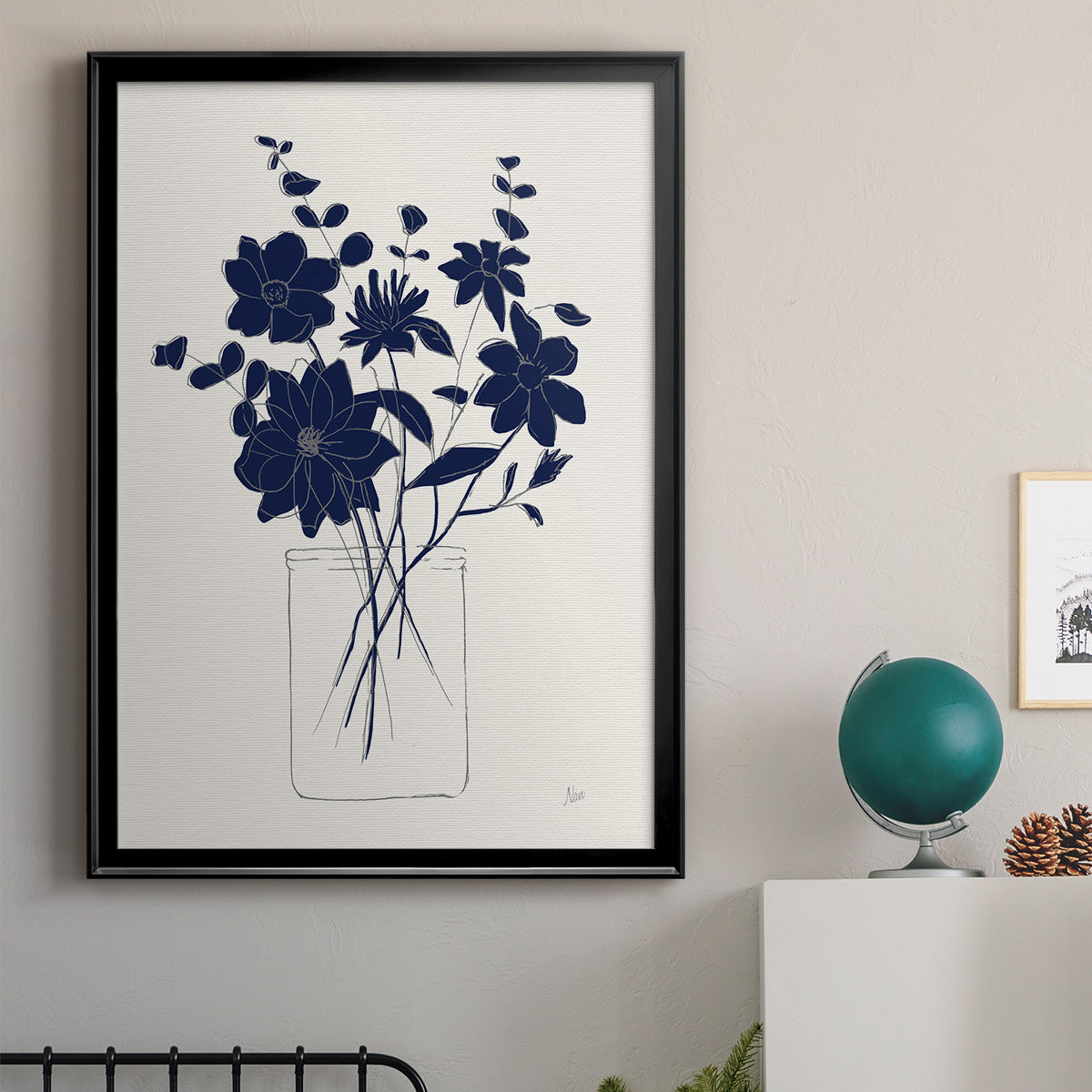 Indigo Sketch Bouquet II - Modern Framed Canvas Print