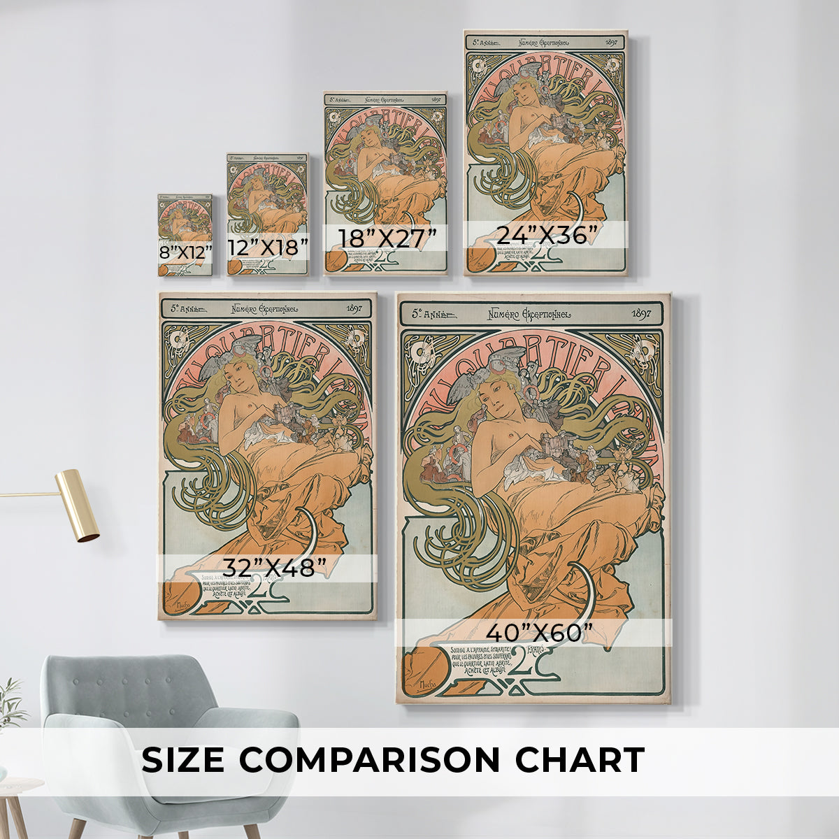 Size comparison chart for canvas art prints, showing multiple size options.