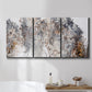 Three-panel canvas wall art featuring wooded trail through forest, displayed in a bathroom above a bathtub.