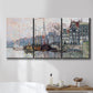 Three-panel canvas wall art featuring historic canal view with boats, displayed in a bathroom above a bathtub.