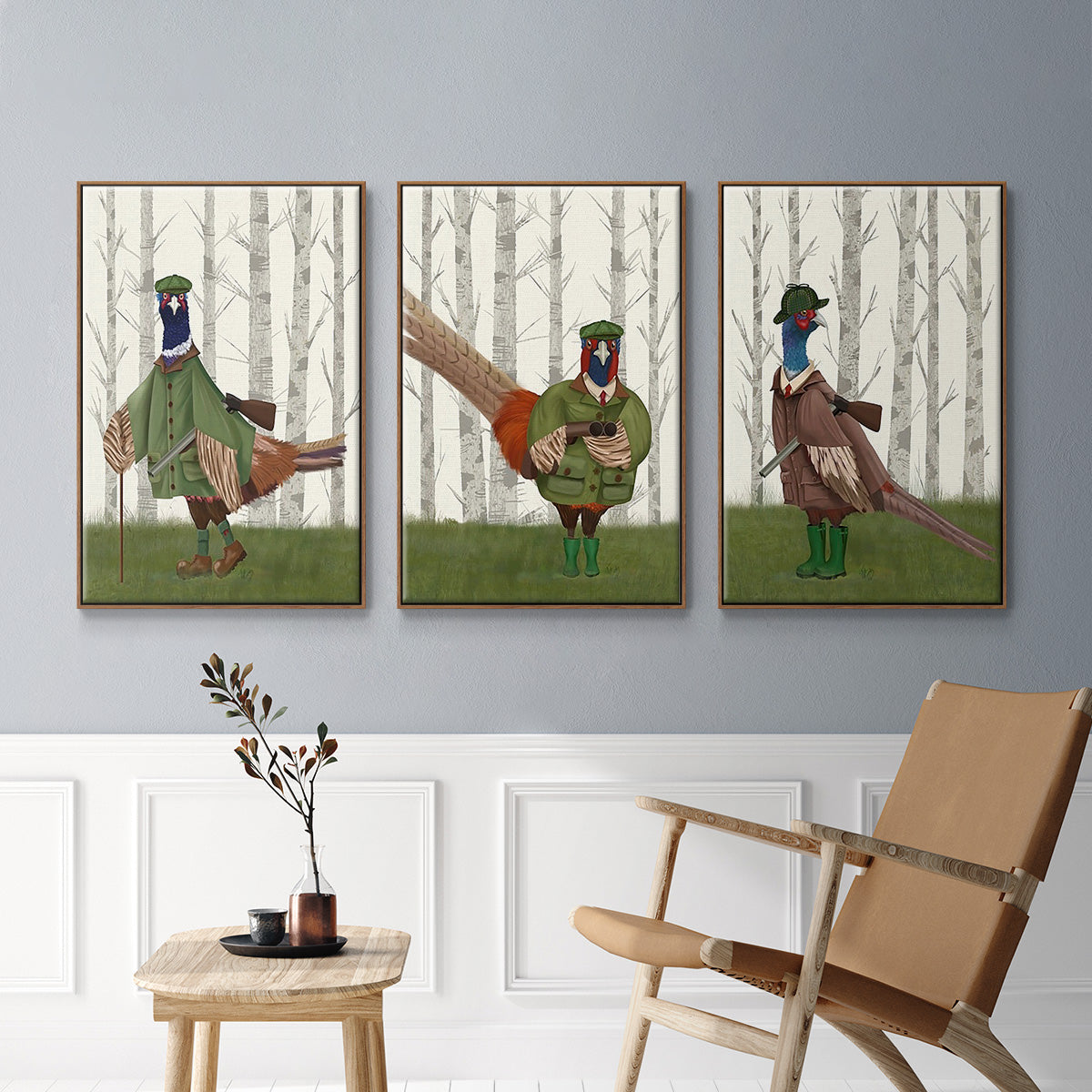 Pheasant Shooting Party 5 - Framed Premium Gallery Wrapped Canvas L Frame 3 Piece Set - Ready to Hang