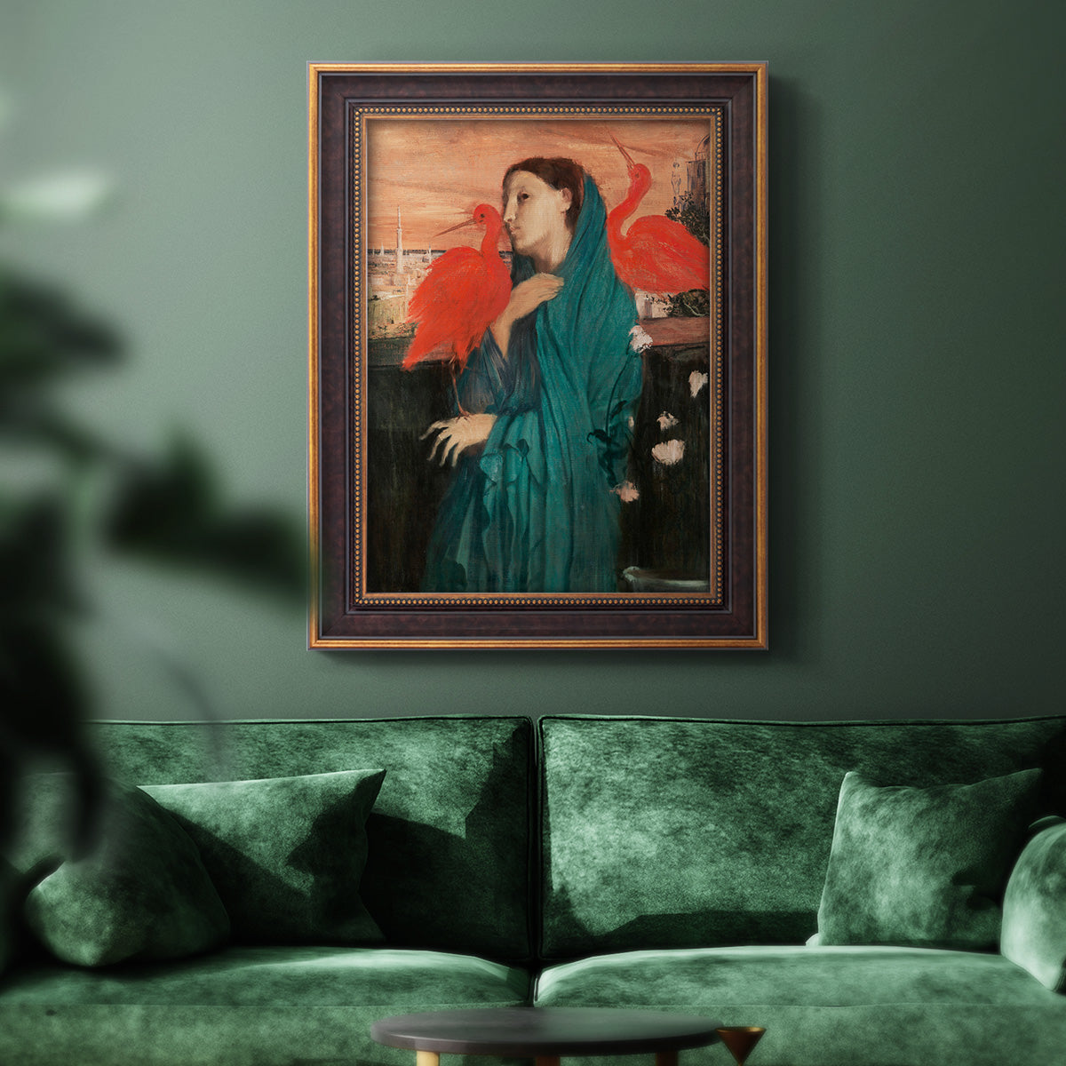 Impressionist portrait of a young woman with an ibis by Edgar Degas in an ornate bronzed mahogany wood frame displayed in a dark-toned interior setting.