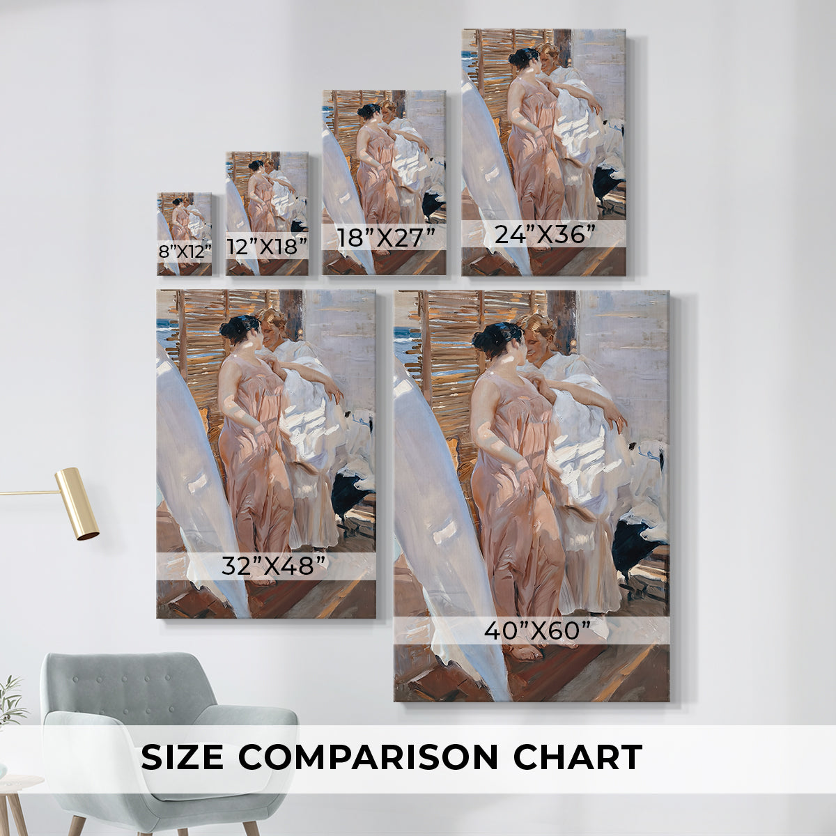 Size comparison chart for canvas art prints, showing multiple size options.