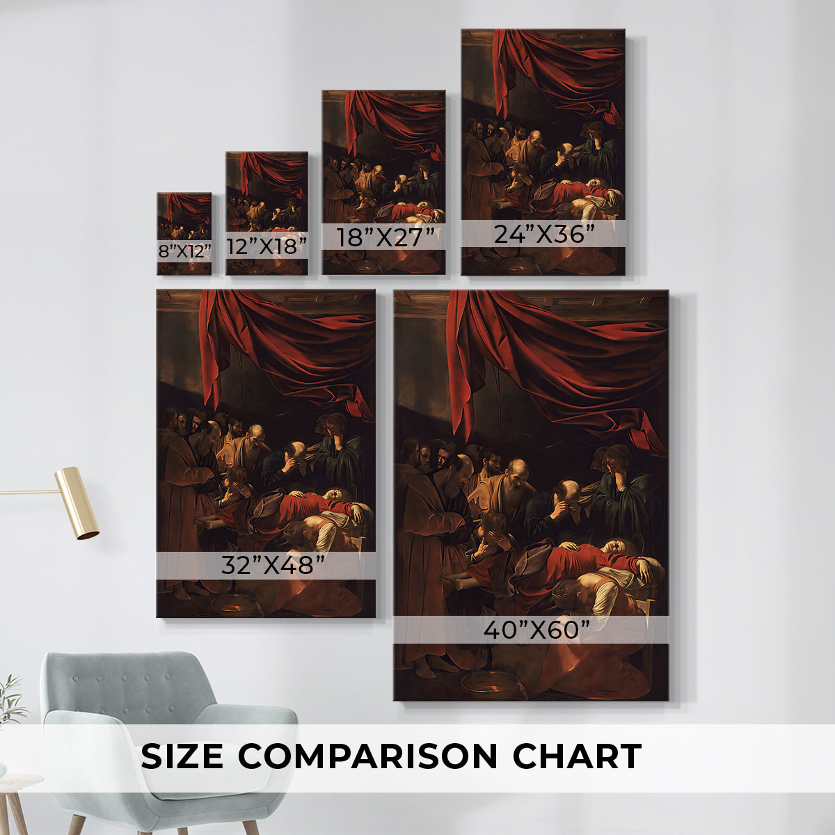 Size comparison chart for canvas art prints, showing multiple size options.