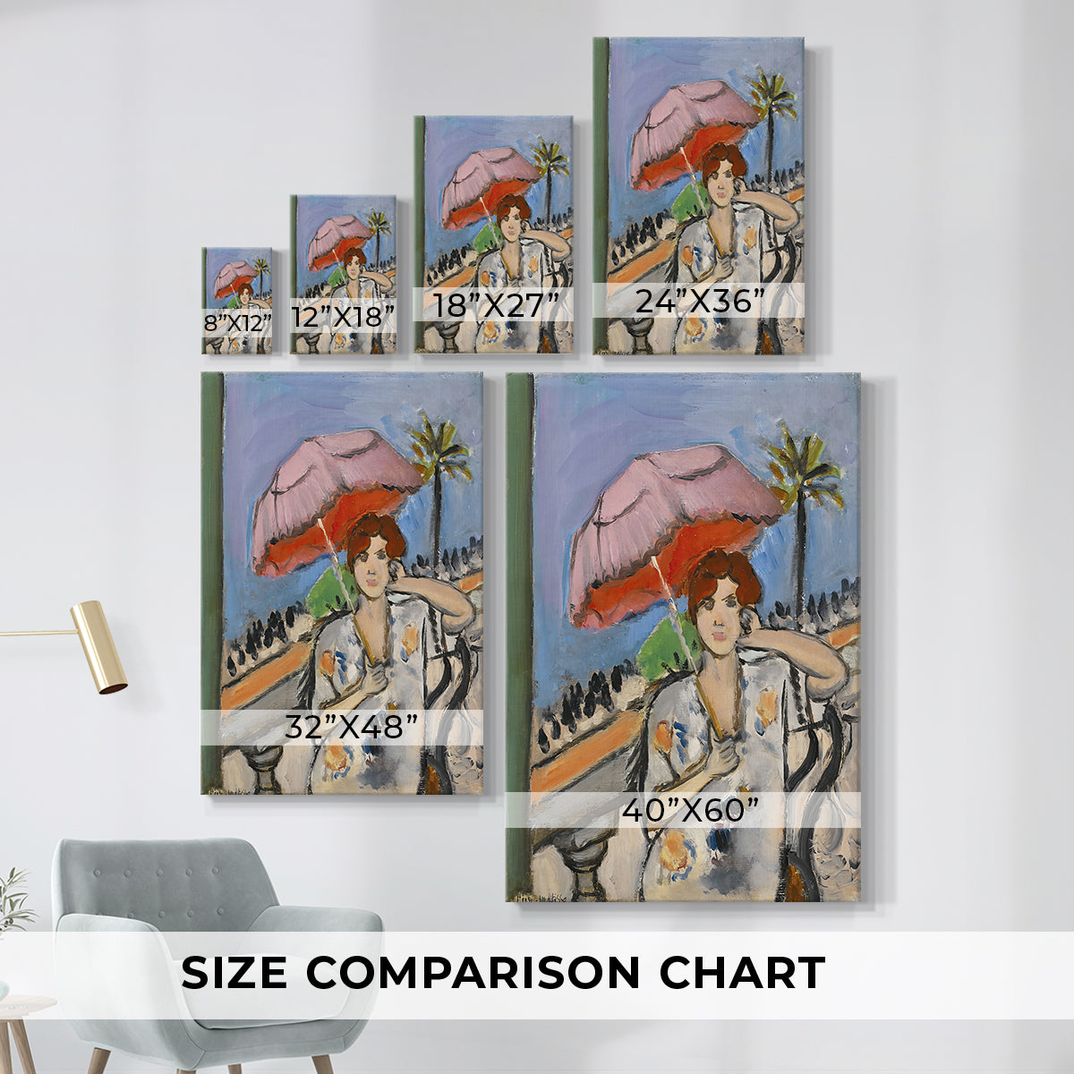 Size comparison chart for canvas art prints, showing multiple size options.