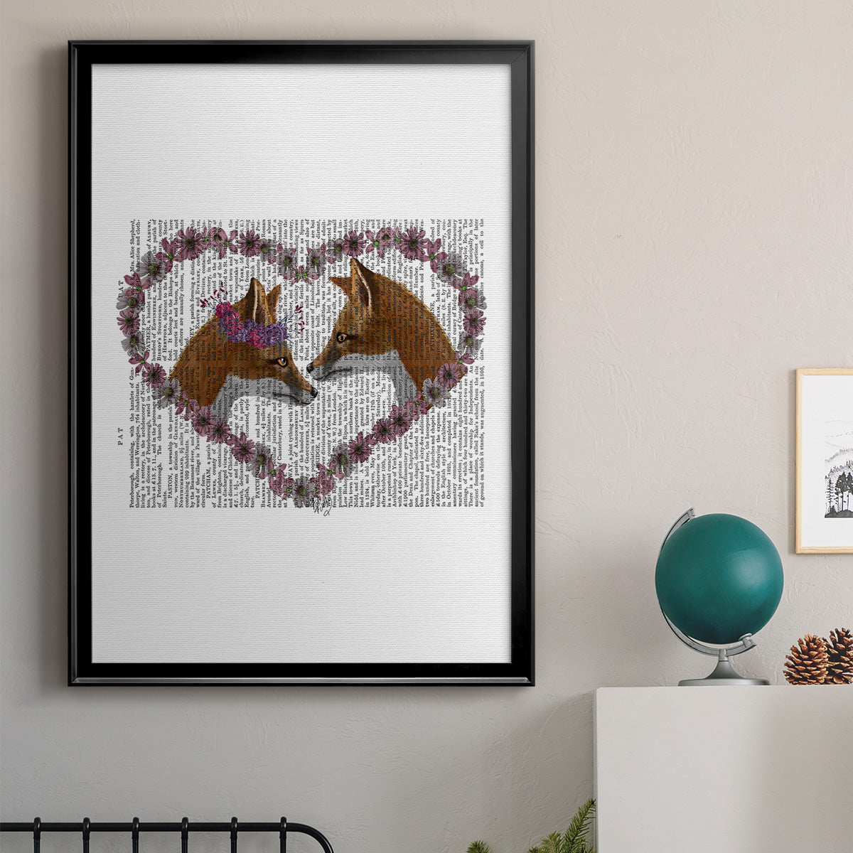 Foxes in Flowers - Modern Framed Canvas Print