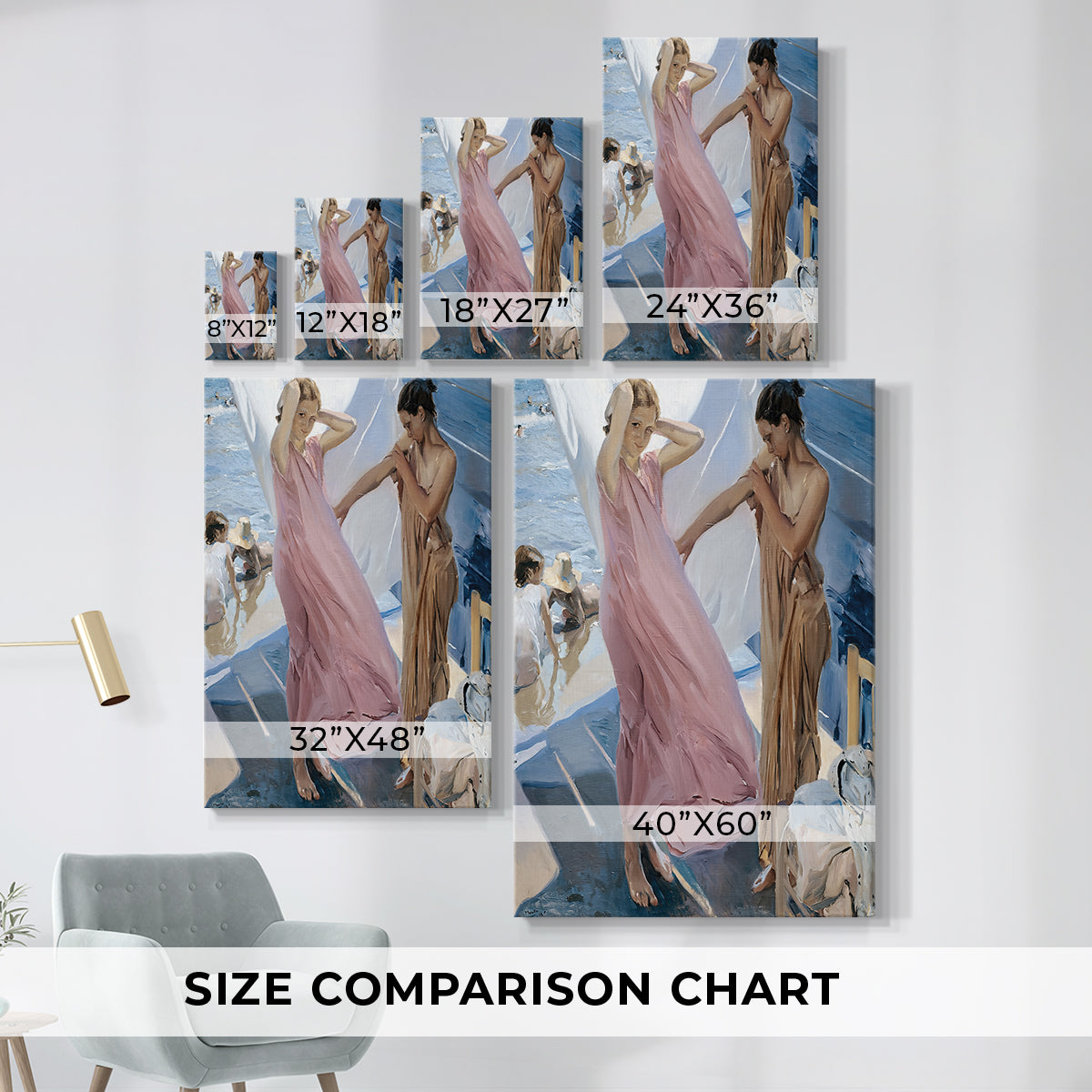 Size comparison chart for canvas art prints, showing multiple size options.