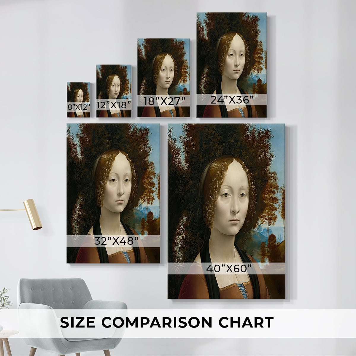 Size comparison chart for canvas art prints, showing multiple size options.