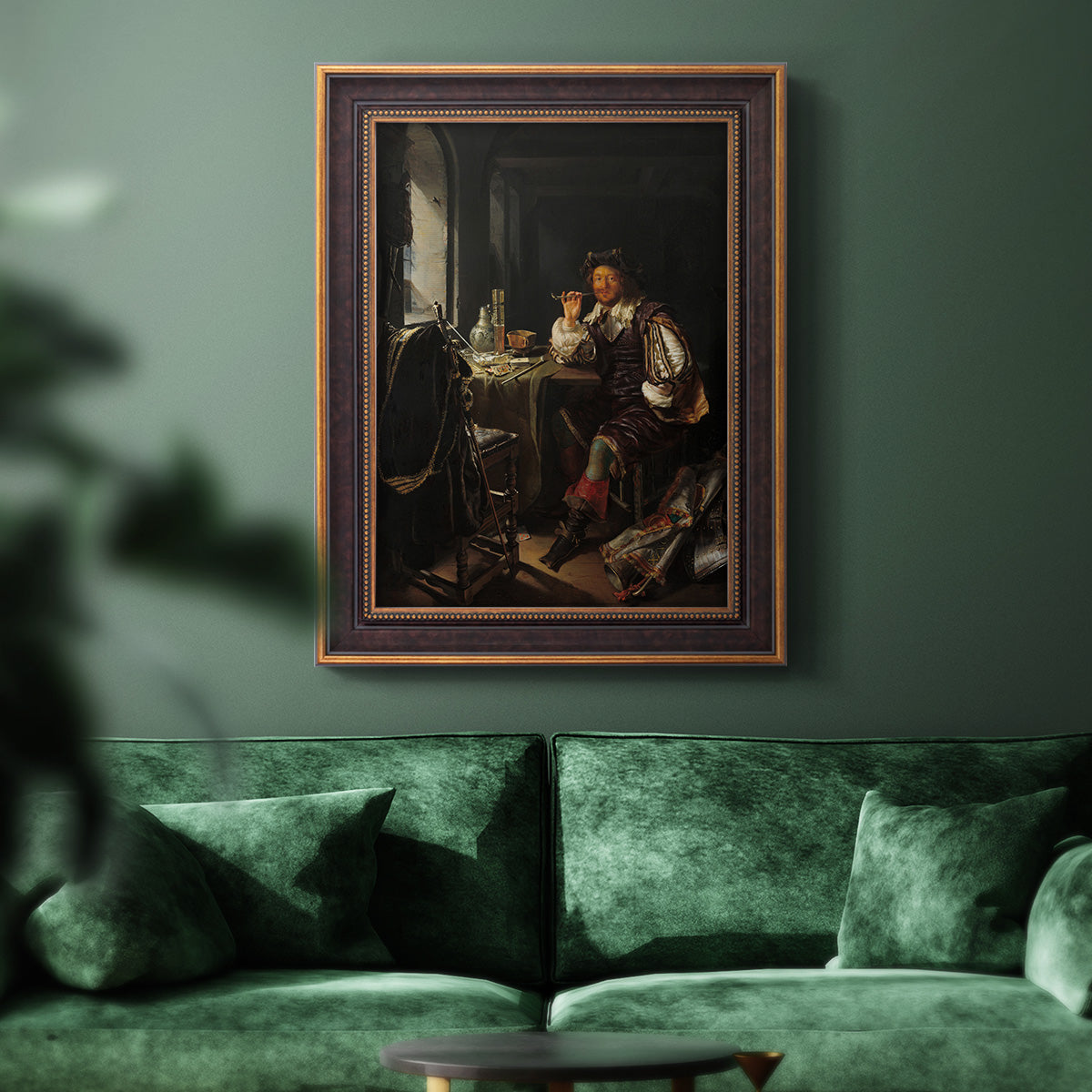Classical portrait of a soldier smoking a pipe by Frans van Mieris the Elder in an ornate bronzed mahogany wood frame displayed in a dark-toned interior setting.