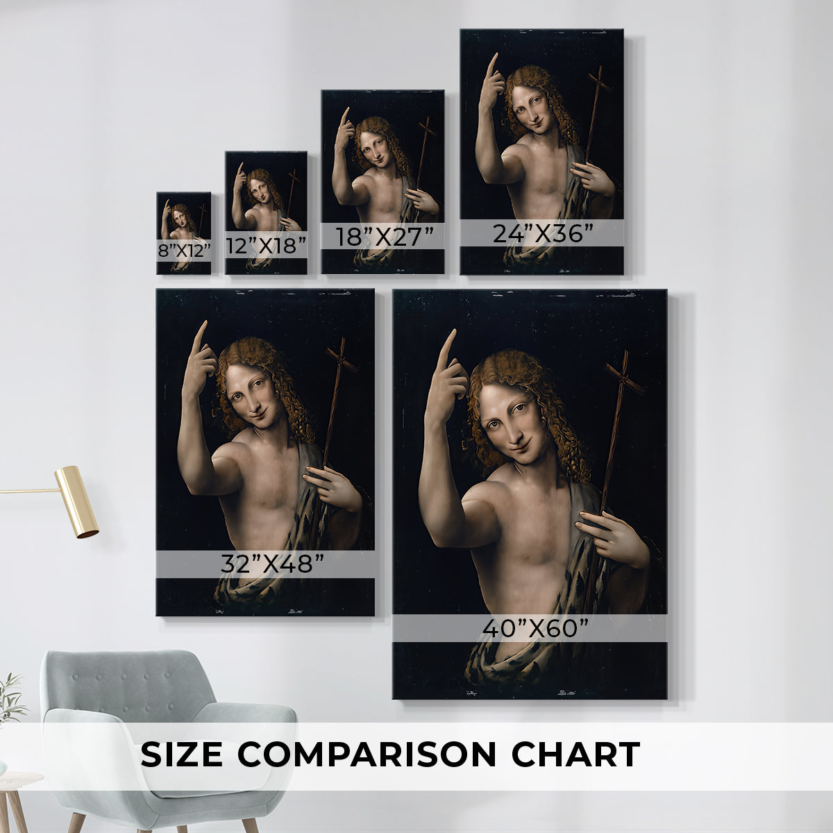 Size comparison chart for canvas art prints, showing multiple size options.