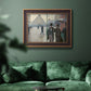 Impressionist urban street scene in the rain by Gustave Caillebotte in an ornate bronzed mahogany wood frame displayed in a dark-toned interior setting.