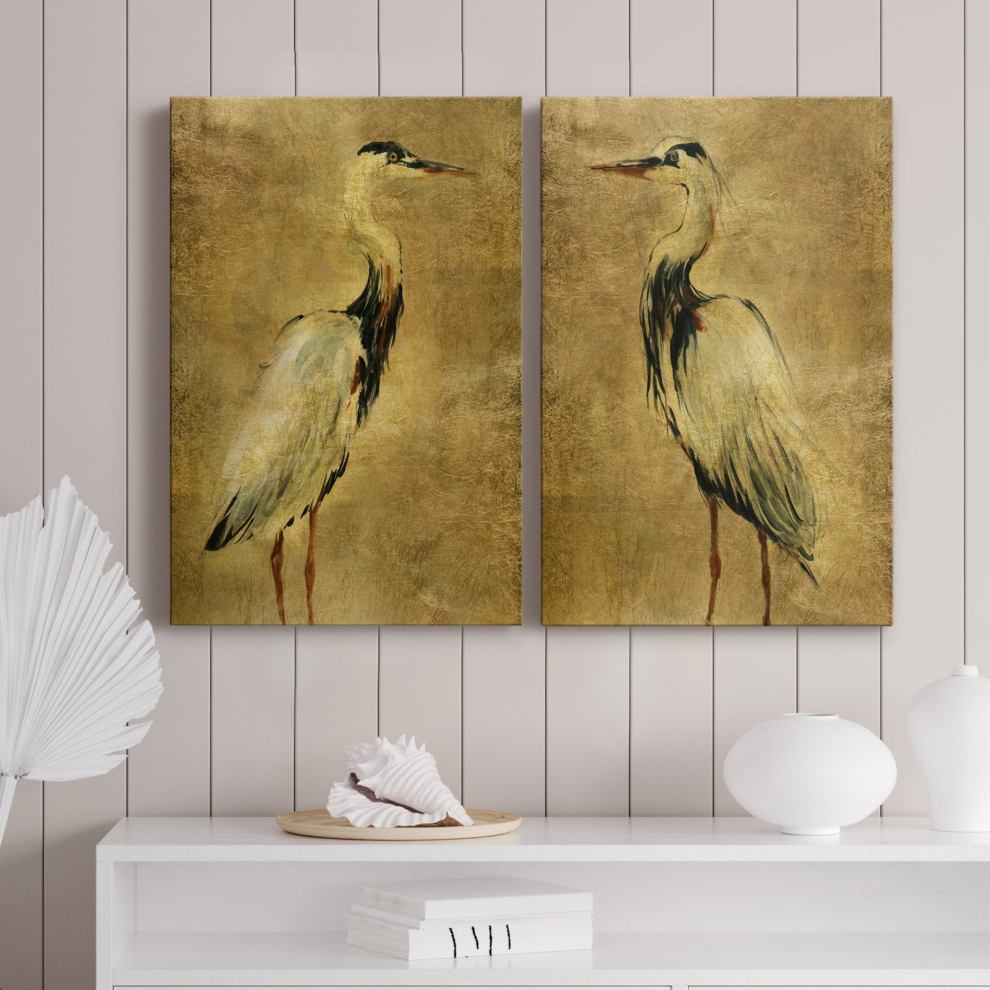 Gold Crane at Dusk I Premium Gallery Wrapped Canvas - Ready to Hang - Set of 2 - 8 x 12 Each