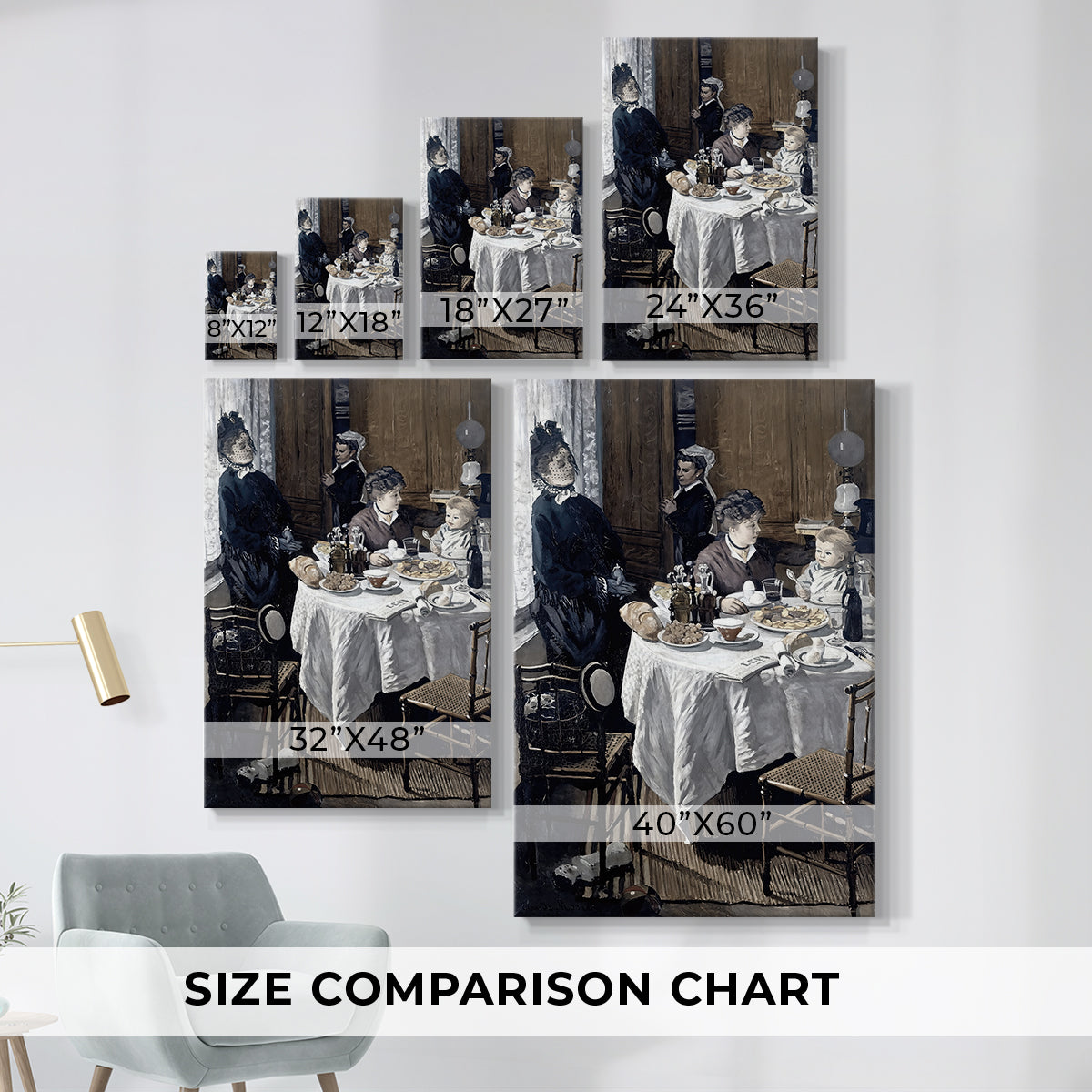 Size comparison chart for canvas art prints, showing multiple size options.