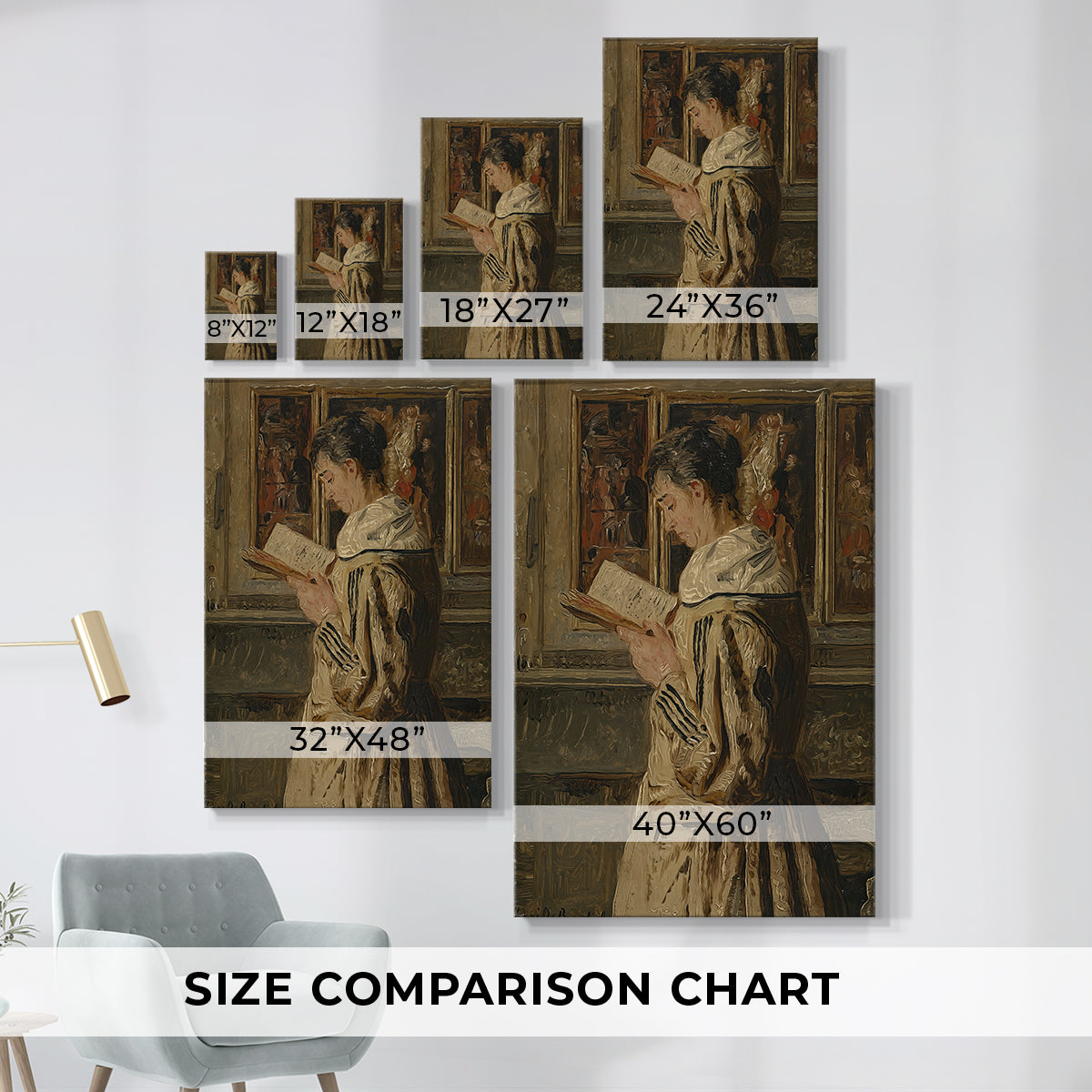 Size comparison chart for canvas art prints, showing multiple size options.