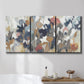 Three-panel canvas wall art featuring abstract flower stand composition, displayed in a bathroom above a bathtub.