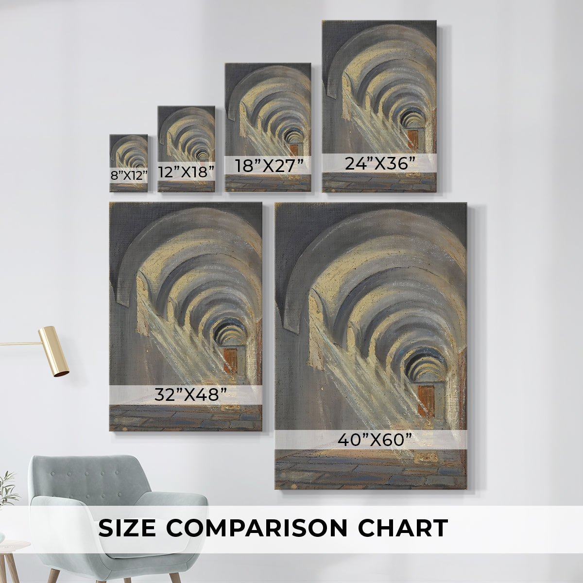 Size comparison chart for canvas art prints, showing multiple size options.