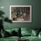 Impressionist backstage ballet scene by Edgar Degas in an ornate weathered white frame displayed in a dark-toned interior setting.
