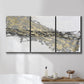 Three-panel canvas wall art featuring light modern abstract wind patterns, displayed in a bathroom above a bathtub.