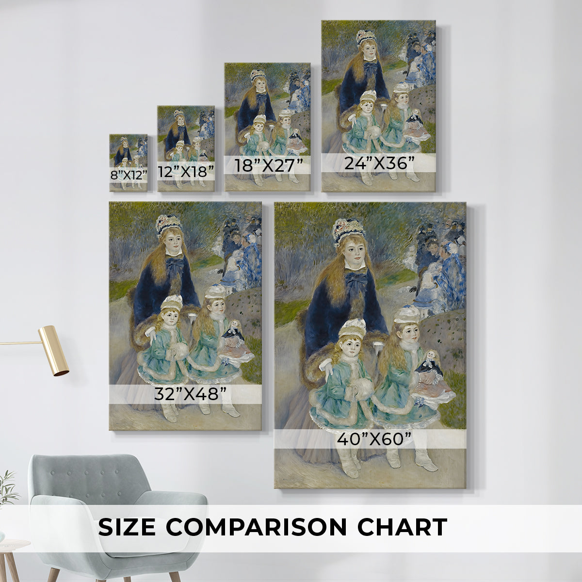 Size comparison chart for canvas art prints, showing multiple size options.