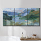 Three-panel canvas wall art featuring abstract landscape composition study, displayed in a bathroom above a bathtub.