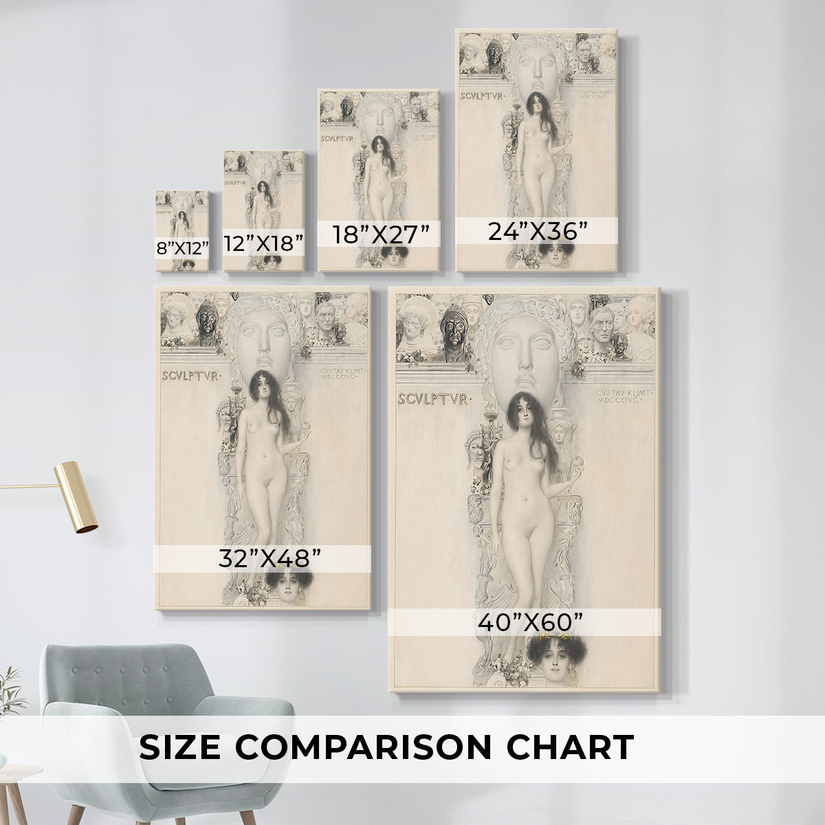 Size comparison chart for canvas art prints, showing multiple size options.