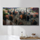 Three-panel canvas wall art featuring stormy canyon landscape with animals, displayed in a bathroom above a bathtub.