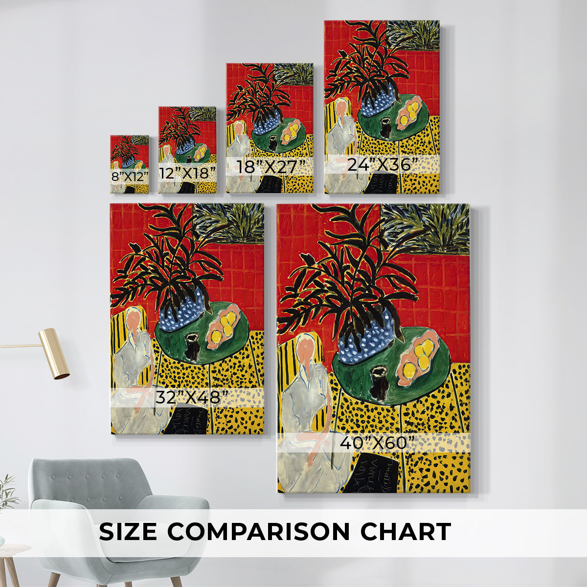 Size comparison chart for canvas art prints, showing multiple size options.