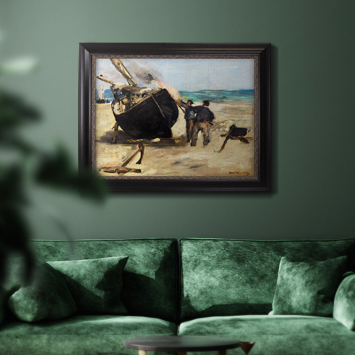Impressionist nautical work scene by Édouard Manet in an ornate black frame with gilded inner detail displayed in a dark-toned interior setting.