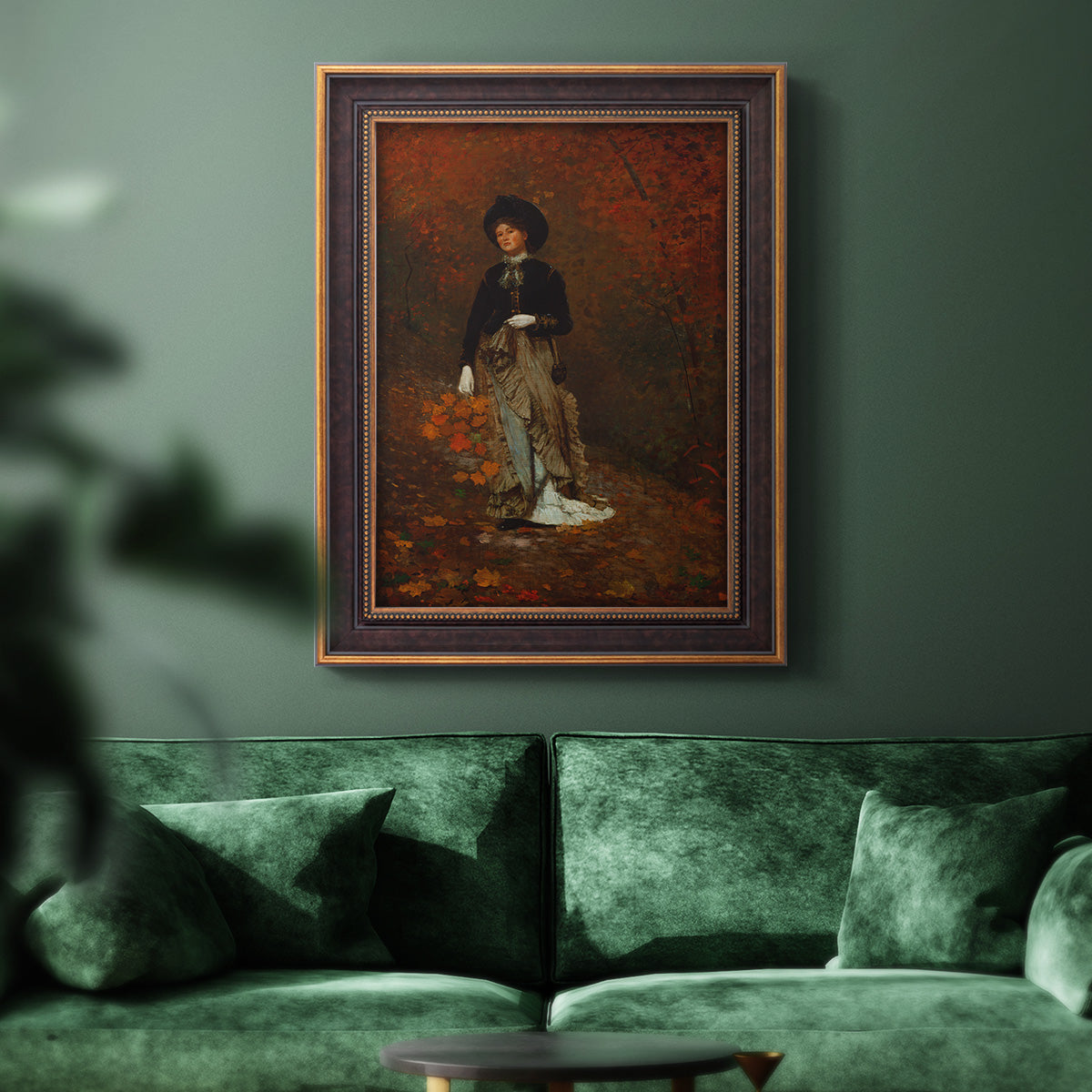 Realist autumn portrait scene by Winslow Homer in an ornate bronzed mahogany wood frame displayed in a dark-toned interior setting.