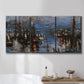 Three-panel canvas wall art featuring Le Havre port at night with lights, displayed in a bathroom above a bathtub.