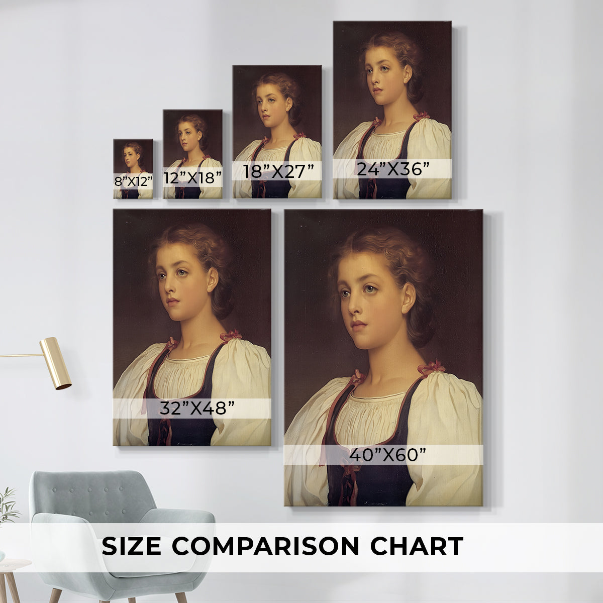 Size comparison chart for canvas art prints, showing multiple size options.