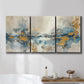 Three-panel canvas wall art featuring abstract soft morning light, displayed in a bathroom above a bathtub.