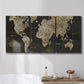 Three-panel canvas wall art featuring illustrated safari world map, displayed in a bathroom above a bathtub.