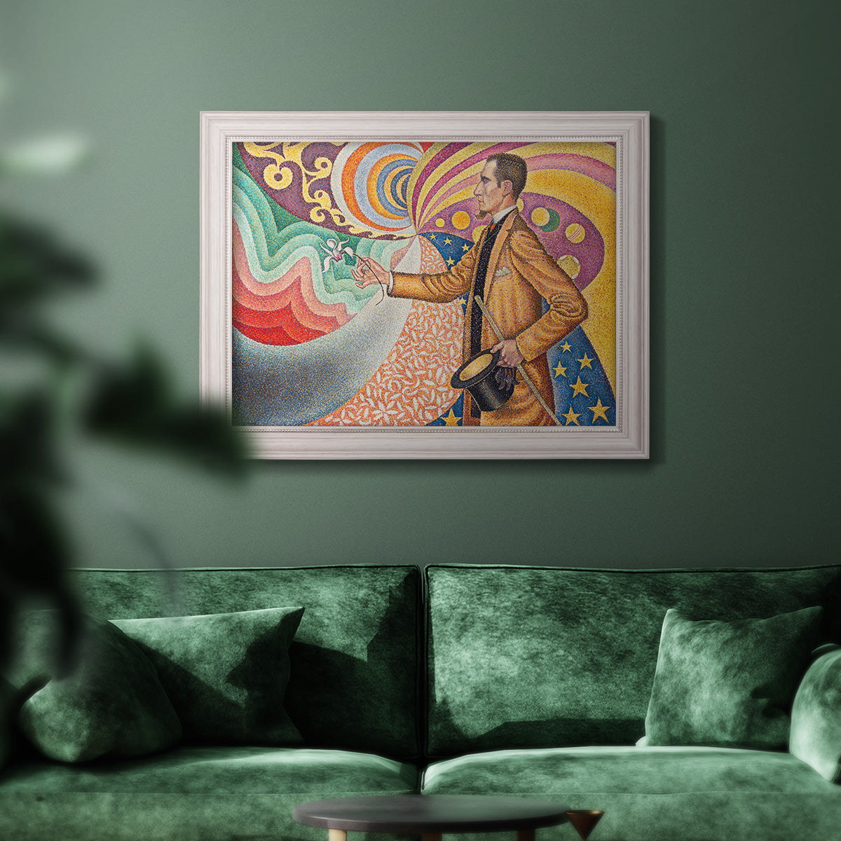 Neo-impressionist abstract portrait by Paul Signac in an ornate weathered white frame displayed in a dark-toned interior setting.