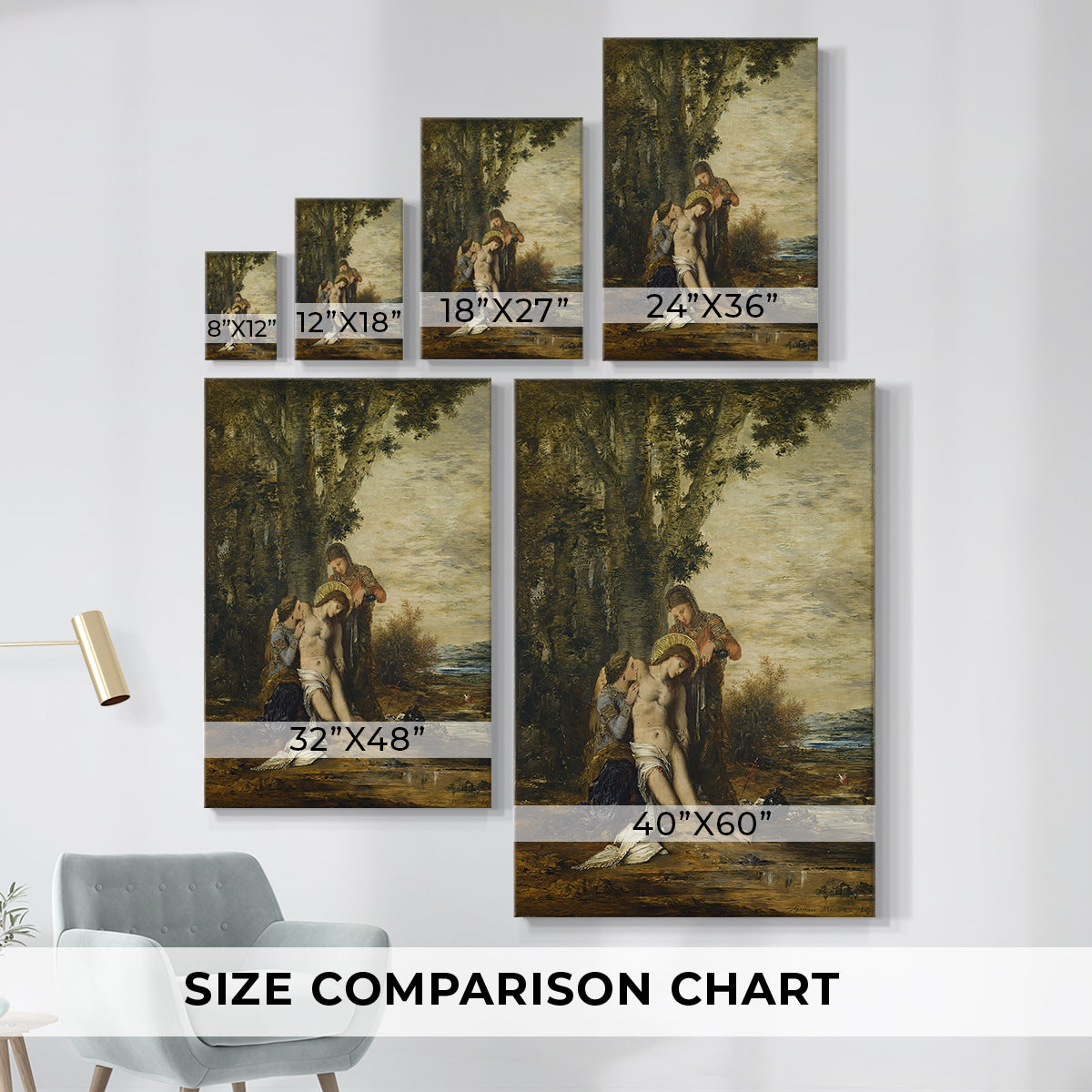 Size comparison chart for canvas art prints, showing multiple size options.