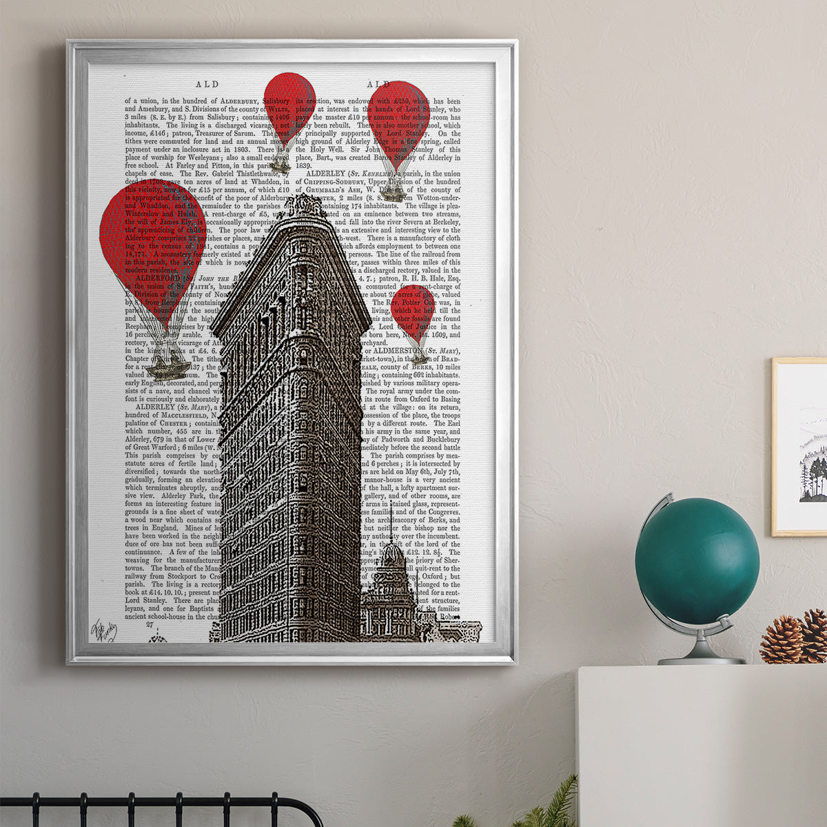 Flat Iron Building and Red Hot Air Balloons - Modern Framed Canvas Print