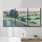Three-panel canvas wall art featuring pastoral countryside with rocky outcrop, displayed in a bathroom above a bathtub.