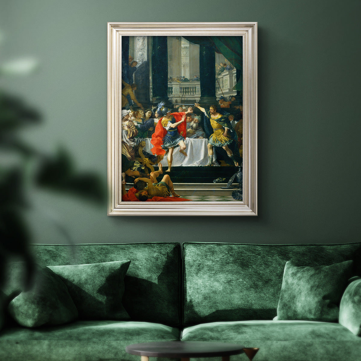 Classical historical painting of Alexander the Great by Donato Creti in an ornate champagne frame displayed in a dark-toned interior setting.