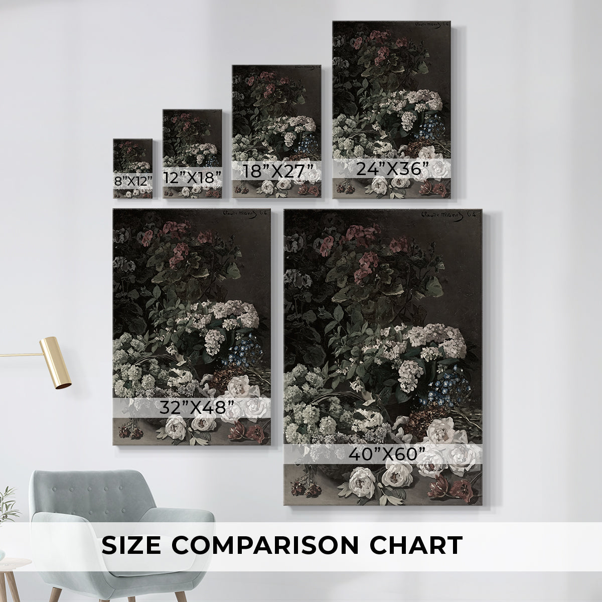 Size comparison chart for canvas art prints, showing multiple size options.