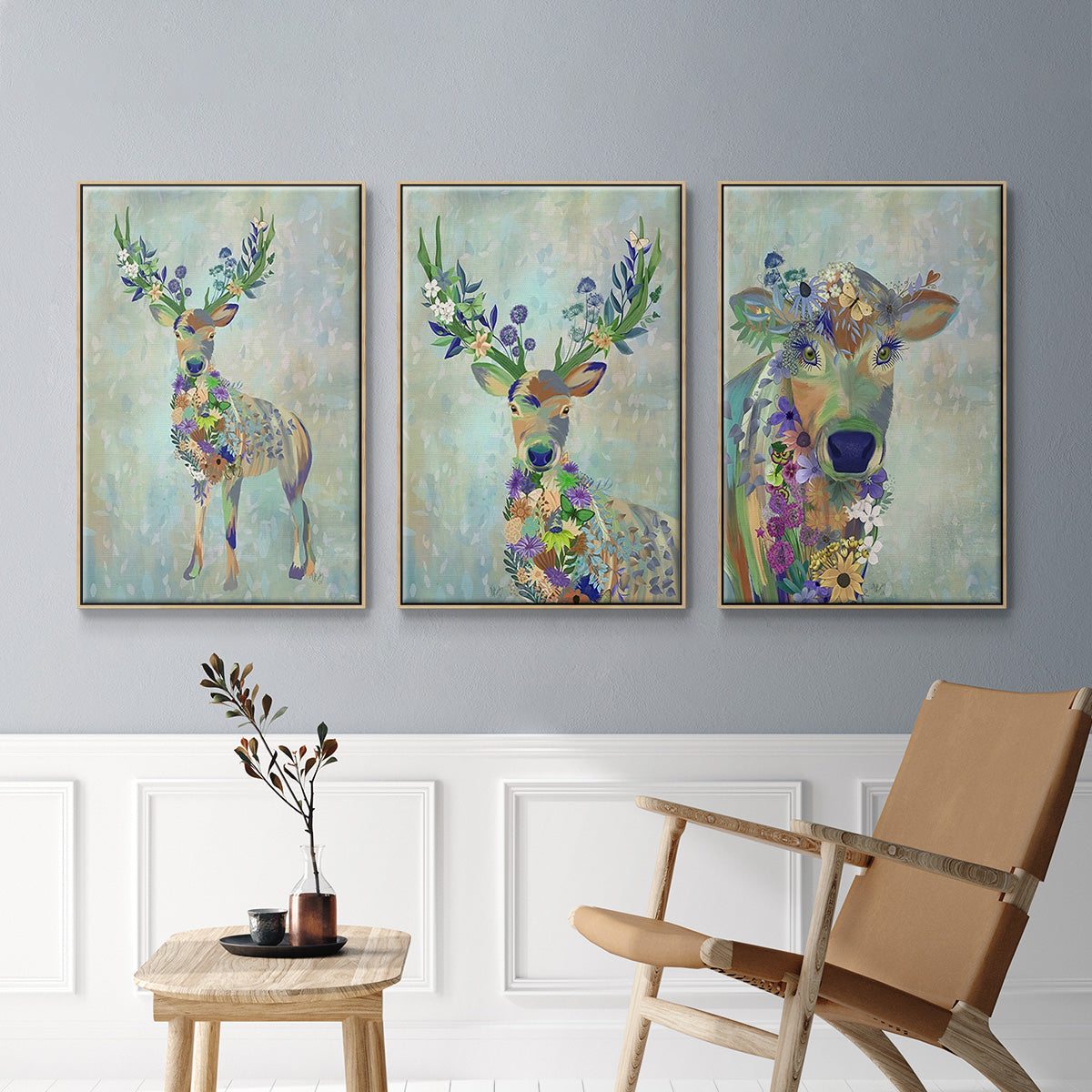 Fantastic Florals Cow - Framed Premium Gallery Wrapped Canvas L Frame 3 Piece Set - Ready to Hang