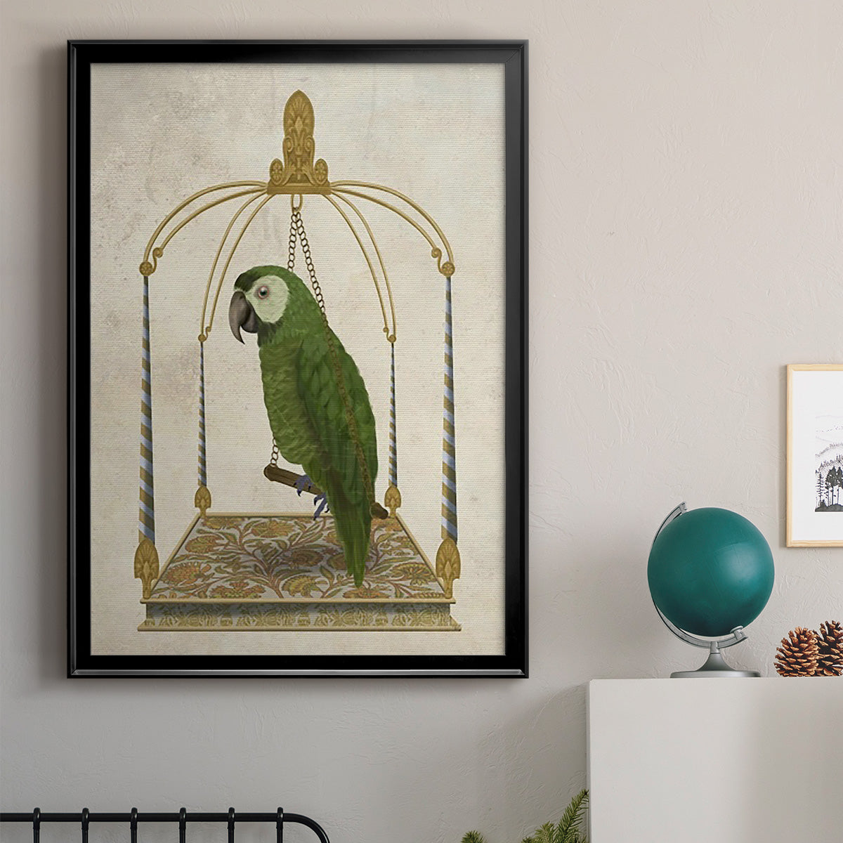 Green Parrot on Swing - Modern Framed Canvas Print