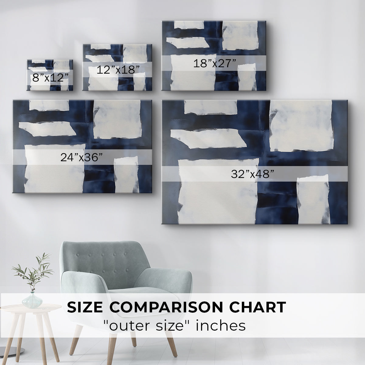 Modern abstract artwork showcasing contrasts with blue and white shapes on canvas