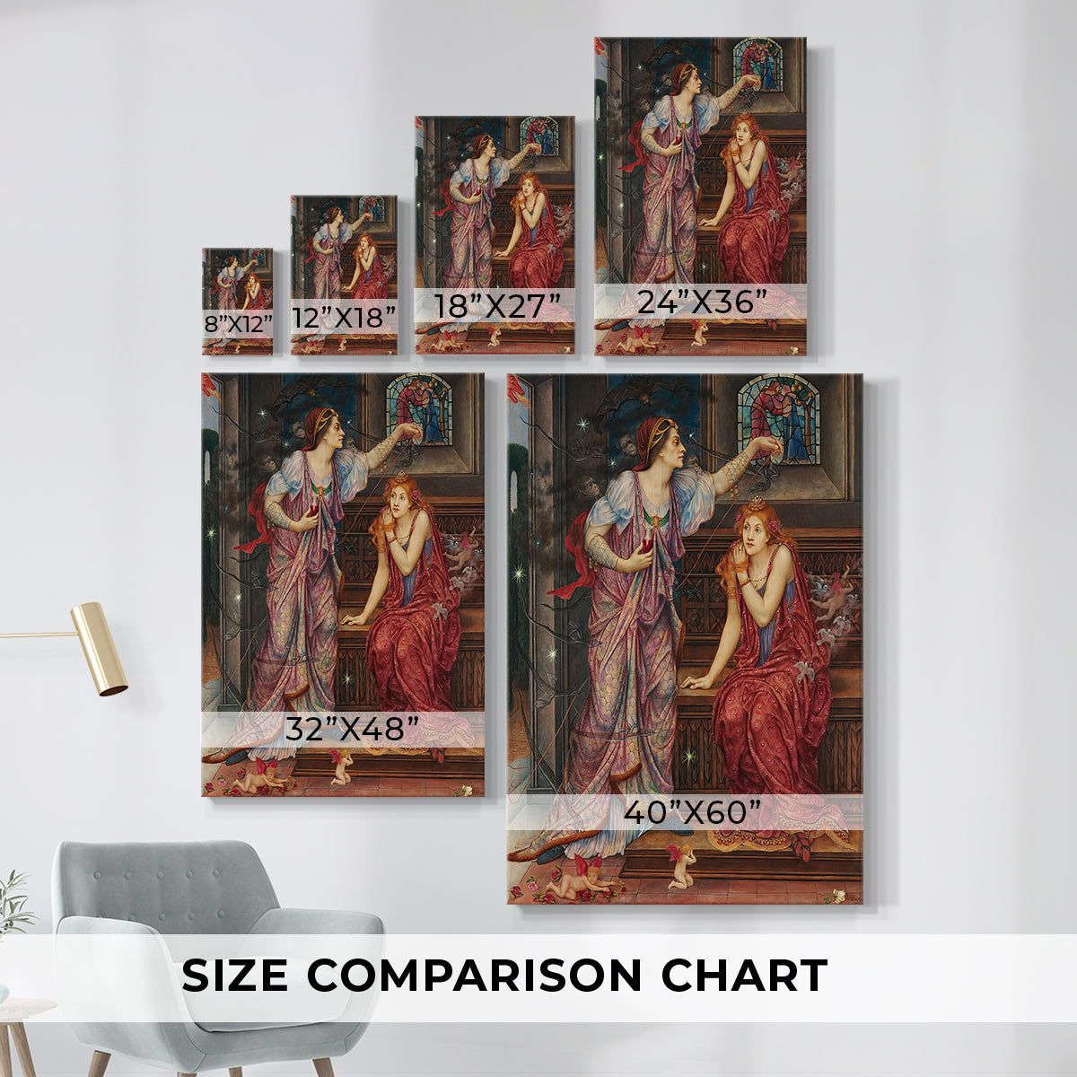 Size comparison chart for canvas art prints, showing multiple size options.