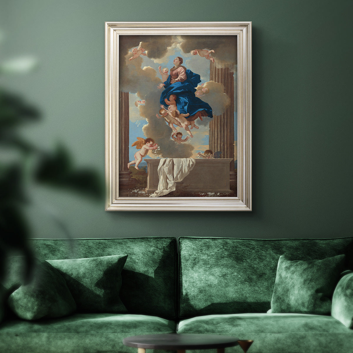 Classical religious depiction of the Assumption of the Virgin by Nicolas Poussin in an ornate champagne frame displayed in a dark-toned interior setting.