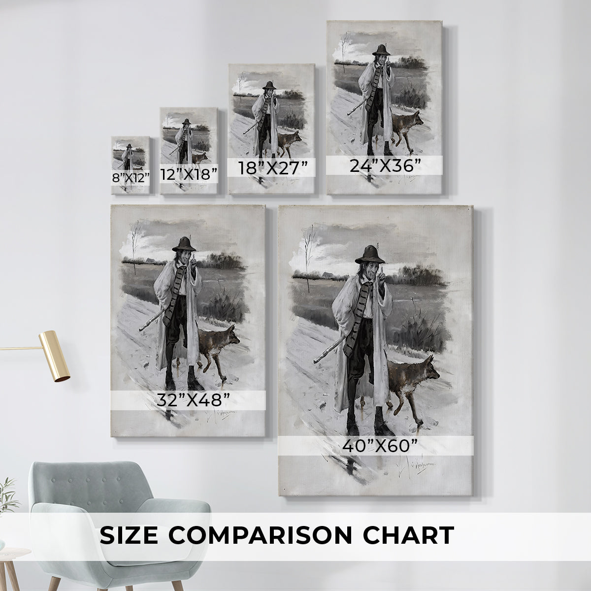 Size comparison chart for canvas art prints, showing multiple size options.