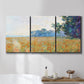 Three-panel canvas wall art featuring oat field with scattered poppies, displayed in a bathroom above a bathtub.