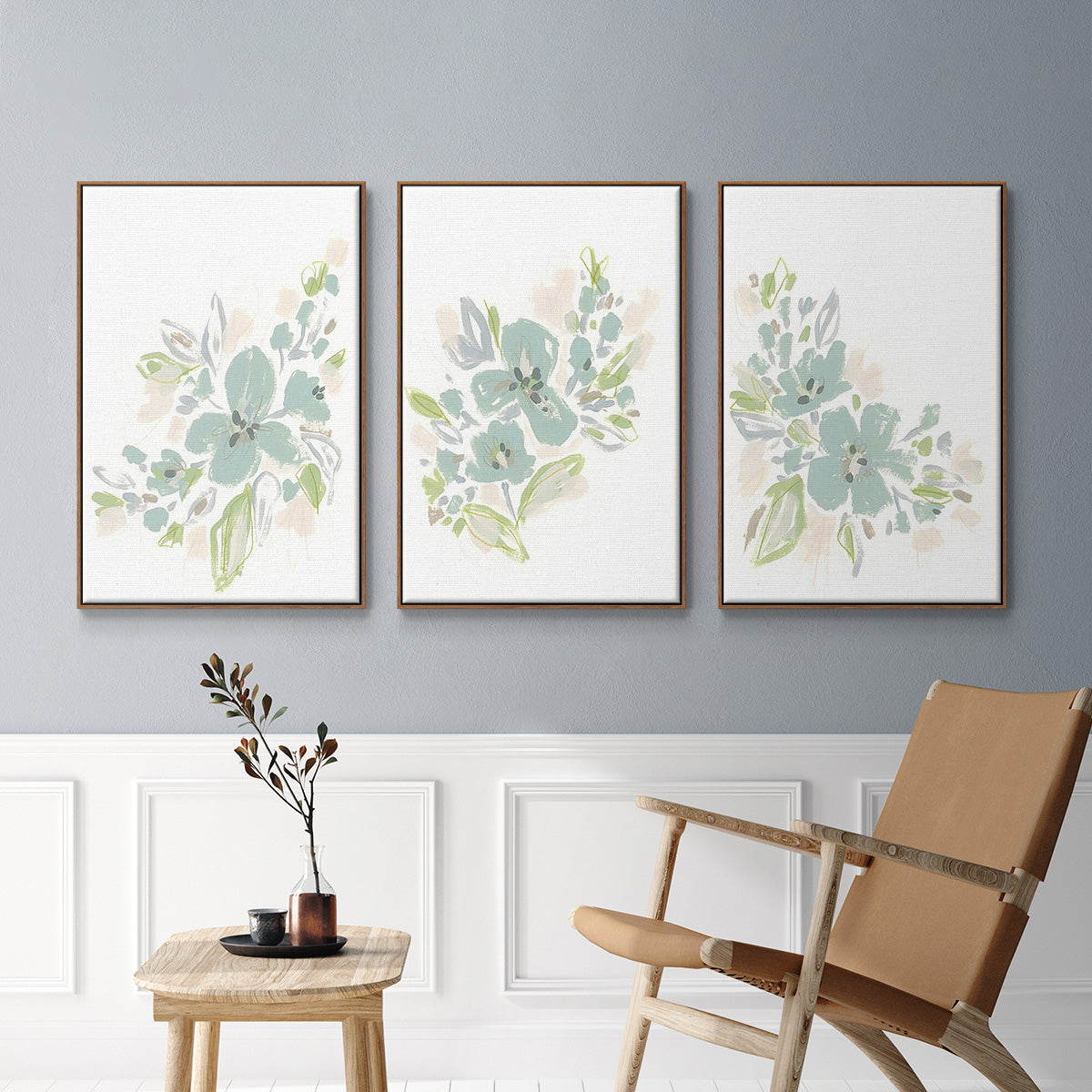 Seafoam Petals I - Framed Premium Gallery Wrapped Canvas L Frame 3 Piece Set - Ready to Hang