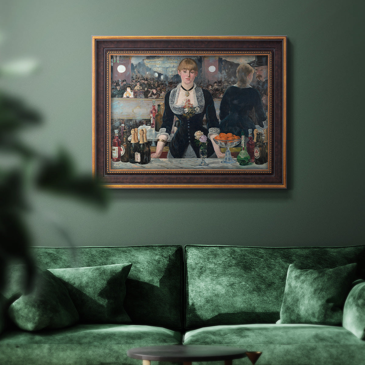 Iconic impressionist café bar scene by Édouard Manet in an ornate bronzed mahogany wood frame displayed in a dark-toned interior setting.