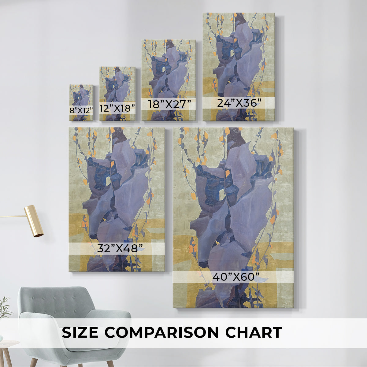 Size comparison chart for canvas art prints, showing multiple size options.
